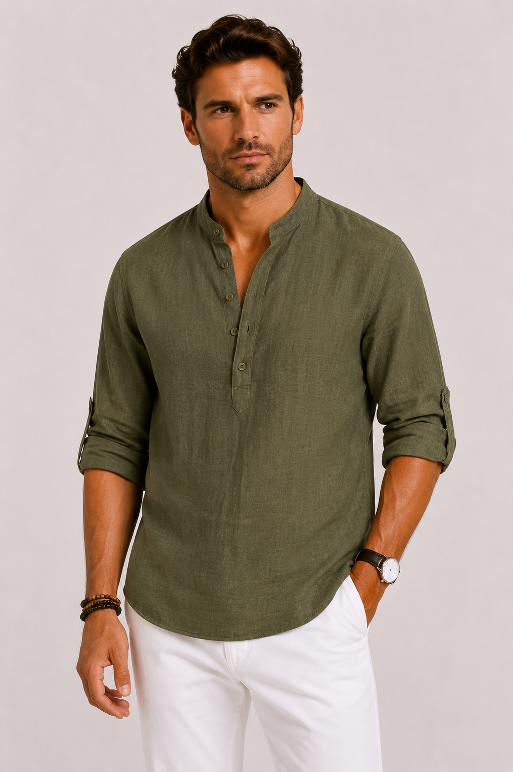Chemise en lin pour homme - Vert militaire
