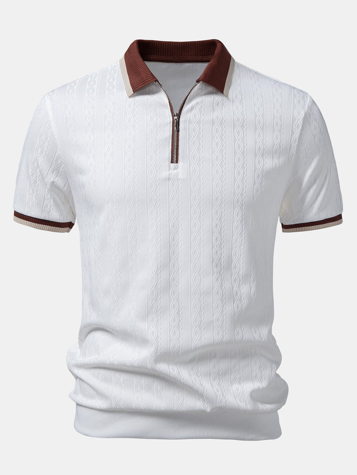 Polo homme texturé à col zippé contrasté