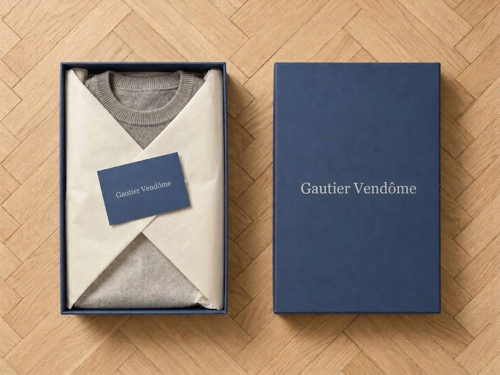 Coffret bleu Gautier Vendôme avec un pull et sa carte de présentation